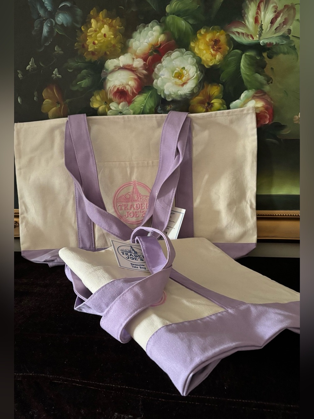 NWT 2 Trader Joe’s large Reusable Canvas Cotton Tote Bag Purple Lavender